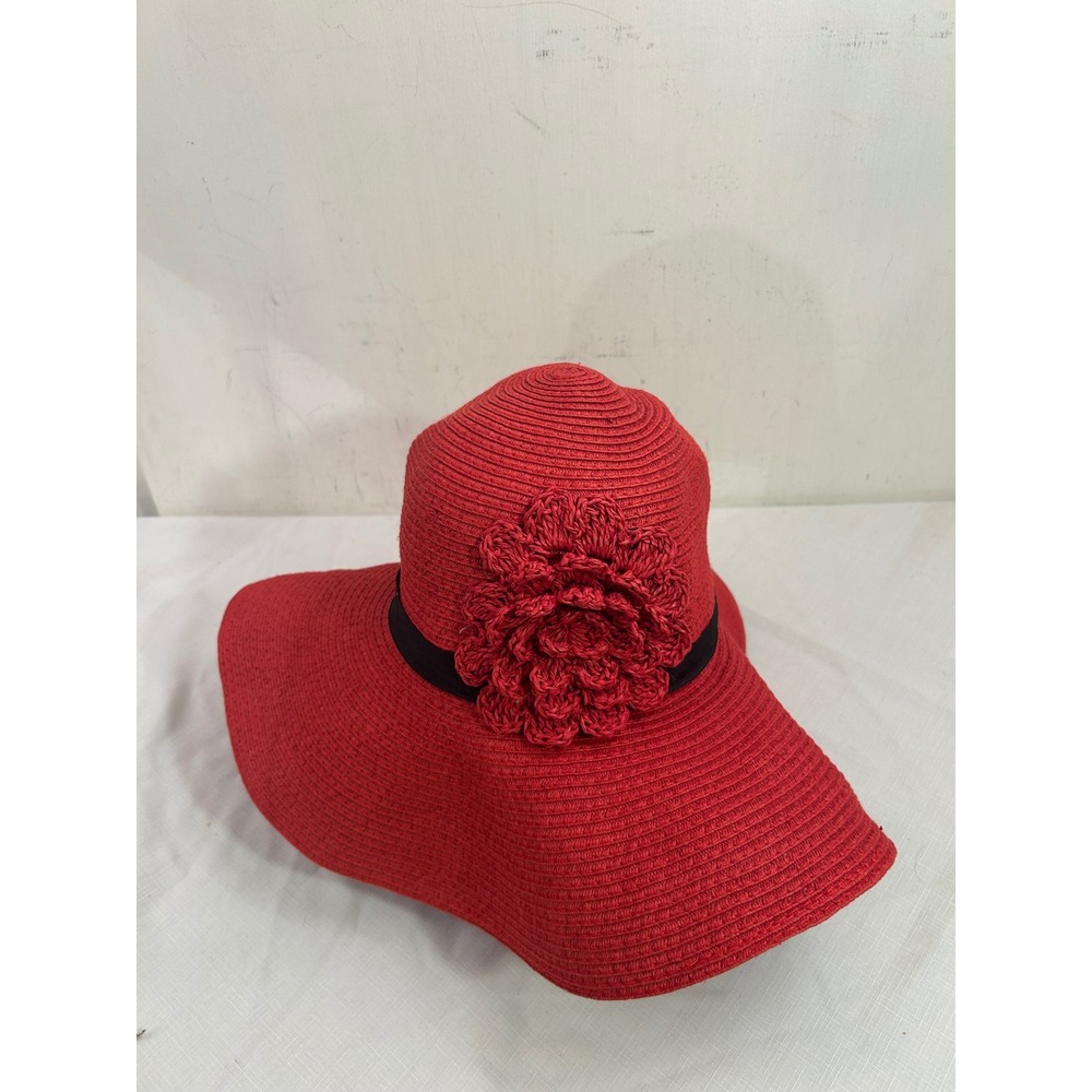 D&Y Sun Hat OS Red Wide Brim Flower Straw WFP4331 Womens
